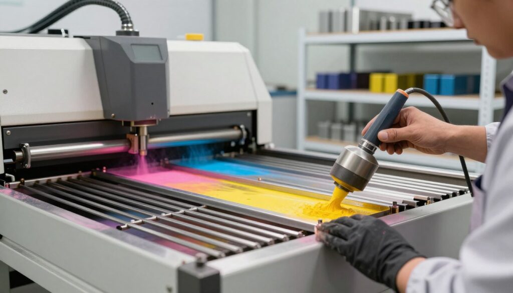 A close-up view of a metal gate being processed with powder coating in a bright, well-lit industrial workshop. The foreground features a technician in professional work attire, carefully applying a vibrant powder coating to the metal surface, emphasizing precision and skill. The middle ground shows a modern powder coating machine with colorful powder being dispensed onto metal parts, showcasing the technology involved. The background includes shelves filled with various coated metal components, highlighting the range of applications. The lighting is bright and even, creating a clean and inviting atmosphere, while a slightly blurred depth of field draws focus to the technician and the brilliant colors of the coating.