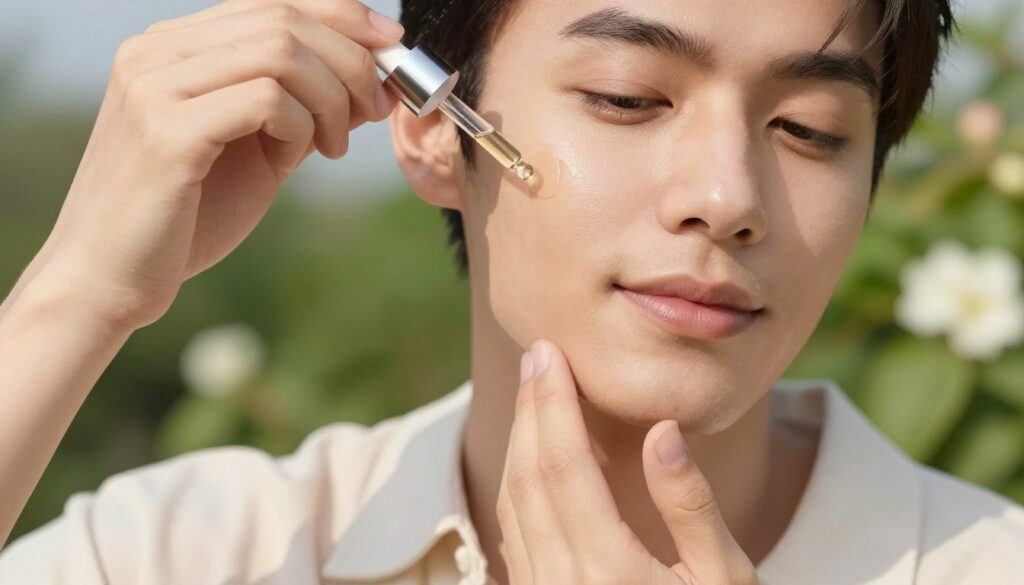 A close-up view of a person applying vitamin C serum to their face, showcasing a radiant and healthy complexion. The subject is wearing a light, modest casual outfit, with soft, natural lighting highlighting their facial features. In the foreground, focus on the glass dropper of the serum, clearly visible in their hand. In the middle ground, the person's face is gently illuminated, with a serene expression, demonstrating care and concentration during application. In the background, a sunny outdoor setting is depicted, with elements like bright greenery or blooming flowers, conveying a sense of freshness and vitality. The overall mood is uplifting, emphasizing the importance of sun protection during skincare routines.