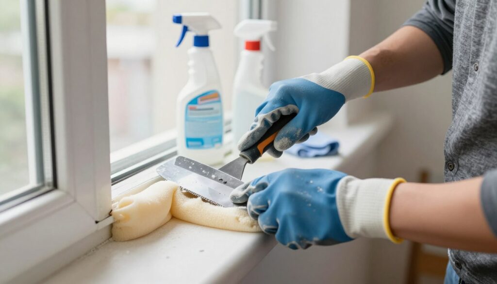 A close-up view of a person wearing professional work gloves and modest casual clothing, diligently using a scraper tool to remove construction foam from the edge of a window frame. The foreground emphasizes the textured foam and the careful, precise movements of the individual. In the middle ground, display a few household cleaning supplies like a spray bottle and a cloth, subtly hinting at DIY cleaning methods. The background can showcase a bright, well-lit room with natural light streaming in, creating an inviting yet practical atmosphere. Use soft lighting to enhance the clarity of the foam and tools, and capture the scene from a slightly elevated angle to provide depth and perspective. The overall mood is focused and industrious.