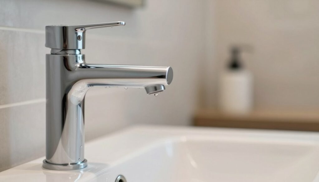 A close-up view of a sleek, modern bathroom faucet with a shiny chrome finish, showcasing the intricate details and contours of the design. The faucet is positioned prominently in the foreground, illuminated by soft, natural lighting that enhances its reflective surface. Subtle water droplets cling to the faucet, emphasizing its functional elegance. In the middle ground, a blurred, softly focused bathroom setting is visible, featuring a clean sink and neutral-colored tiles that create a serene ambiance. The background remains simple and uncluttered to keep the focus on the faucet. The overall atmosphere is fresh and inviting, suggesting cleanliness and sophistication while highlighting the importance of maintaining bathroom fixtures without scratches or dullness.