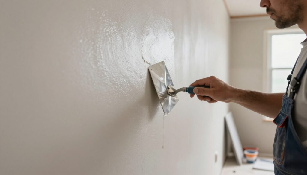 A close-up view of a smooth drywall finish being prepared for painting, illustrating the concept of adhesion. In the foreground, a skilled worker in professional attire meticulously applying joint compound with a trowel, showing technique and focus. In the middle ground, a freshly skim-coated wall, retaining a sheen under natural light, highlighting the texture of the smooth surface. The background features a partially completed room with drywall sheets and tools organized neatly, suggesting a clean and efficient workspace. Soft natural light filters in through a nearby window, casting gentle shadows that emphasize the depth of the wall textures. The atmosphere is calm and professional, showcasing the importance of surface preparation in achieving a flawless finish. A close-up view of a smooth drywall finish being prepared for painting, illustrating the concept of adhesion. In the foreground, a skilled worker in professional attire meticulously applying joint compound with a trowel, showing technique and focus. In the middle ground, a freshly skim-coated wall, retaining a sheen under natural light, highlighting the texture of the smooth surface. The background features a partially completed room with drywall sheets and tools organized neatly, suggesting a clean and efficient workspace. Soft natural light filters in through a nearby window, casting gentle shadows that emphasize the depth of the wall textures. The atmosphere is calm and professional, showcasing the importance of surface preparation in achieving a flawless finish.