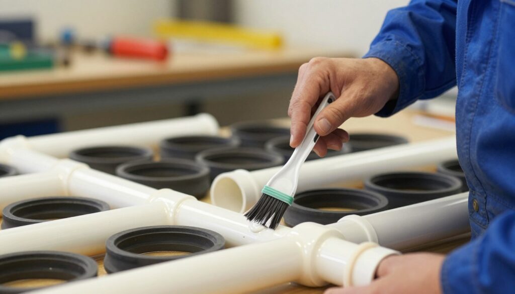A close-up view of a technician applying a lubricant to rubber gaskets in PVC pipes. In the foreground, the technician, dressed in a neat blue coverall, carefully uses a brush to apply a glossy, clear silicone lubricant to the flexible gaskets. The middle ground showcases the PVC pipes arranged neatly, with a focus on the freshly coated gaskets that glisten under the soft, diffused light. In the background, a workshop setup with tools and a workbench is slightly blurred to emphasize the action in the foreground. The lighting is warm and inviting, creating a sense of professionalism and care in maintenance. The overall atmosphere should convey a focus on precise and safe installation practices, ensuring the longevity of the rubber gaskets. A close-up view of a technician applying a lubricant to rubber gaskets in PVC pipes. In the foreground, the technician, dressed in a neat blue coverall, carefully uses a brush to apply a glossy, clear silicone lubricant to the flexible gaskets. The middle ground showcases the PVC pipes arranged neatly, with a focus on the freshly coated gaskets that glisten under the soft, diffused light. In the background, a workshop setup with tools and a workbench is slightly blurred to emphasize the action in the foreground. The lighting is warm and inviting, creating a sense of professionalism and care in maintenance. The overall atmosphere should convey a focus on precise and safe installation practices, ensuring the longevity of the rubber gaskets.