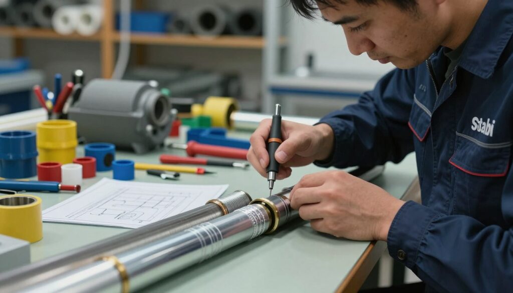 A close-up view of a technician in professional attire working meticulously with "Stabi" pipes featuring aluminum inserts on a workbench. The foreground displays the pipes, highlighting their layered structure and the sleek aluminum core. The technician is focused, using specialized tools for preparation, ensuring precision and care. In the middle ground, various tools and equipment are organized neatly, with some colorful pipe fittings and a blueprint highlighting technical specifications. The background showcases a well-lit workshop with shelves filled with pipe materials. The atmosphere is industrious yet methodical, emphasizing the challenges and attention to detail in working with Stabi pipes. Soft, directional lighting enhances the textures of the pipes and tools, adding depth to the scene.