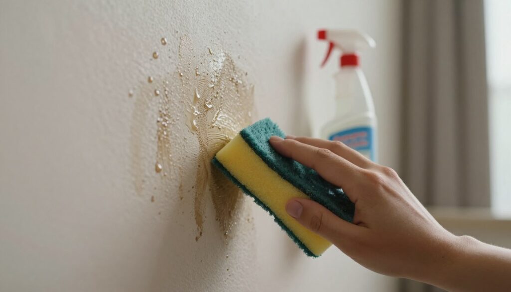 A close-up view of a textured wall displaying a variety of stubborn stains, including grease marks, water spots, and scuff marks. The foreground focuses on a section of the wall where a cleaning sponge is actively removing a stain, creating a contrast between the clean and stained surfaces. In the middle ground, a bottle of cleaning solution is positioned nearby, suggesting a solution-oriented approach. The background features a neutral-toned room with soft, diffused lighting, creating a calm and focused atmosphere. The angle captures the scene from a slightly elevated perspective, emphasizing both the effort of cleaning and the challenge of the stains. The mood is determined and practical, reflecting a proactive approach to home maintenance.