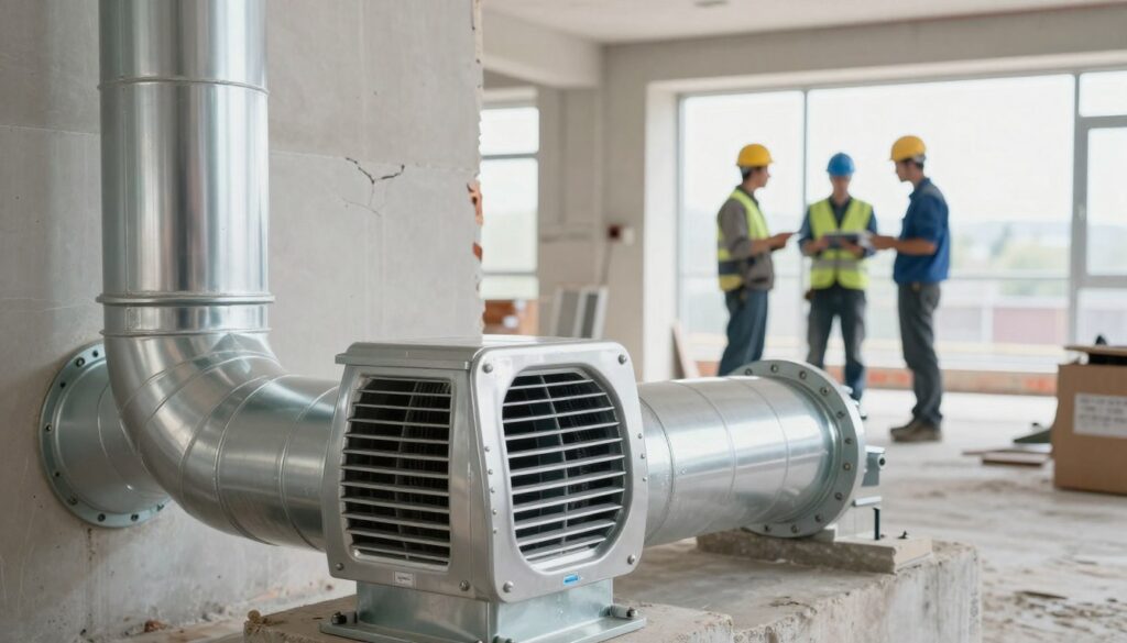 A close-up view of a ventilation system in a modern construction site, emphasizing ducts and vents designed for optimal air circulation. In the foreground, show a shiny metallic vent with intricate details and air flow indicators. The middle ground features workers in professional construction attire, checking air flow efficiency and discussing strategies to prevent drywall cracking and delamination. In the background, large windows reveal a bright, well-lit space, promoting a sense of cleanliness and safety. The atmosphere is industrious yet calm, with a soft focus to highlight the technical aspects of air quality management. The lighting is bright and even, casting gentle shadows that accentuate the textures of the materials used.