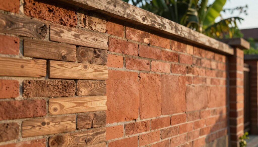 A close-up view of a wall featuring a harmonious combination of wooden bricks and traditional red clay bricks, illustrating the rich textures of both materials. In the foreground, the rough grain of the wood contrasts beautifully with the smooth surface of the clay. The middle ground displays a seamless integration of these elements, showcasing an architectural design that reflects historical influences. The background includes hints of lush greenery, softly blurred to enhance the focus on the wall. The scene is bathed in warm, golden-hour sunlight that casts gentle shadows, creating a cozy and inviting atmosphere. The angle is slightly elevated, allowing a clear view of the material details, suggesting a blending of nature and craftsmanship in architecture.