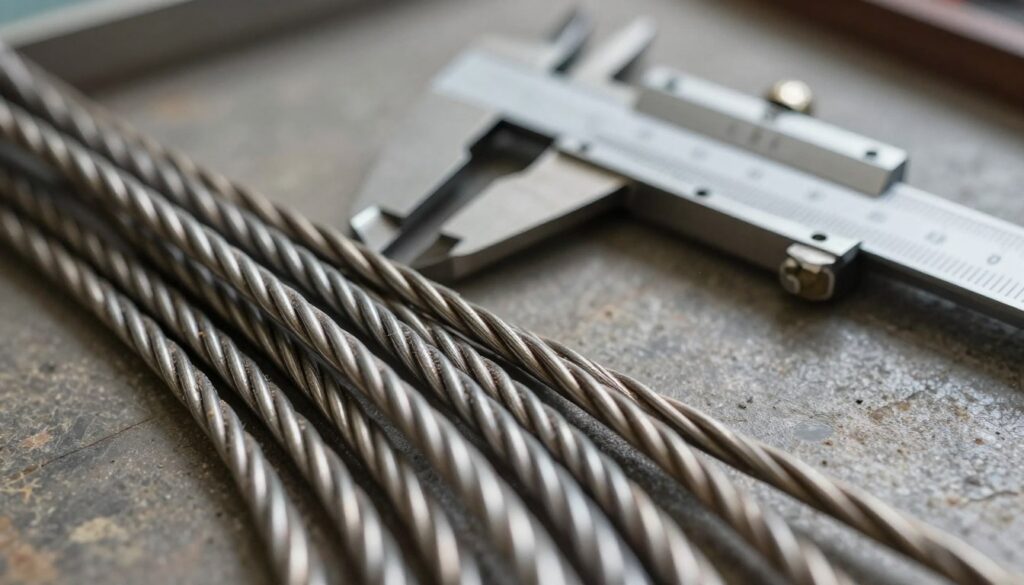 A close-up view of a wire with varying diameters, showcasing the differences in thickness which illustrate the concept of wire gauge. In the foreground, detailed textures of the wire's surface, emphasizing metallic finish and potential wear. The middle ground presents a measuring tool, like calipers or a ruler, placed next to the wire, highlighting precise measurements related to wire diameter. The background features a blurred workshop or industrial setting, enhancing the technical ambiance. Soft, natural lighting casts subtle shadows, enhancing the three-dimensionality of the wire. The atmosphere is one of professionalism and focus, conveying the importance of wire diameter in lightning protection systems. The angle is slightly tilted, inviting the viewer to engage with the subject matter.