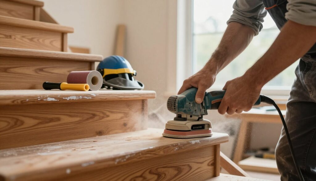 A close-up view of a wooden staircase undergoing the sanding process, showcasing the meticulous work involved in stair renovation. In the foreground, a professional contractor, dressed in a modest casual outfit, operates a sanding machine, with fine dust swirling around them. The staircase displays rich wood grain textures, highlighting wear and imperfections before the treatment. In the middle ground, various sanding tools and equipment are neatly arranged, including sandpaper rolls and protective gear. The background features a softly lit room with warm, inviting tones, emphasizing the transformation process. Natural light filters through a nearby window, creating an inviting atmosphere that conveys dedication and craftsmanship, as well as the importance of proper maintenance for wood surfaces. A close-up view of a wooden staircase undergoing the sanding process, showcasing the meticulous work involved in stair renovation. In the foreground, a professional contractor, dressed in a modest casual outfit, operates a sanding machine, with fine dust swirling around them. The staircase displays rich wood grain textures, highlighting wear and imperfections before the treatment. In the middle ground, various sanding tools and equipment are neatly arranged, including sandpaper rolls and protective gear. The background features a softly lit room with warm, inviting tones, emphasizing the transformation process. Natural light filters through a nearby window, creating an inviting atmosphere that conveys dedication and craftsmanship, as well as the importance of proper maintenance for wood surfaces.
