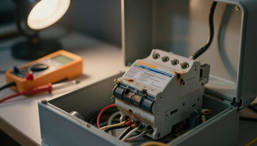 A close-up view of an electrical meter box showing signs of malfunction, with frayed wires and burnt connections. The foreground features a focus on a faulty circuit breaker, with visible scorch marks and a few exposed wires. In the middle ground, tools like a multimeter and screwdrivers are scattered, emphasizing a troubleshooting scenario. The background includes a dimly lit room with a workbench, where shadows cast dramatic outlines of electrical components. The lighting is a soft, warm glow from a nearby lamp, creating a tense but focused atmosphere, ideal for highlighting the issues with pre-meter protection systems. The overall color palette is subdued, with hints of orange and yellow to convey urgency and concern. A close-up view of an electrical meter box showing signs of malfunction, with frayed wires and burnt connections. The foreground features a focus on a faulty circuit breaker, with visible scorch marks and a few exposed wires. In the middle ground, tools like a multimeter and screwdrivers are scattered, emphasizing a troubleshooting scenario. The background includes a dimly lit room with a workbench, where shadows cast dramatic outlines of electrical components. The lighting is a soft, warm glow from a nearby lamp, creating a tense but focused atmosphere, ideal for highlighting the issues with pre-meter protection systems. The overall color palette is subdued, with hints of orange and yellow to convey urgency and concern.