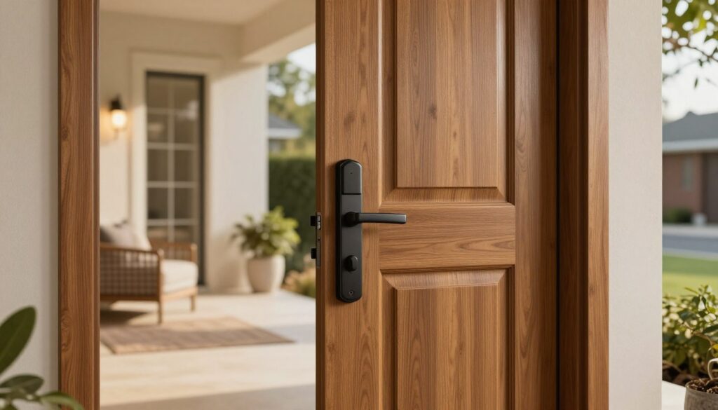 A close-up view of an exterior door, showcasing its thickness and robust construction. The door is positioned prominently in the foreground, revealing intricate details such as a solid wood texture with visible grain, a modern design featuring a sleek handle and security lock. In the middle ground, a well-lit porch setting demonstrates the door's context within a home, surrounded by minimalist decor like potted plants and subtle lighting. The background presents a softly blurred residential area, hinting at a safe neighborhood atmosphere. The lighting is warm and inviting, creating a sense of security and comfort. Capture the scene with a slightly elevated angle to emphasize the door’s dimensions while ensuring the overall image conveys the importance of door thickness for insulation and security. A close-up view of an exterior door, showcasing its thickness and robust construction. The door is positioned prominently in the foreground, revealing intricate details such as a solid wood texture with visible grain, a modern design featuring a sleek handle and security lock. In the middle ground, a well-lit porch setting demonstrates the door's context within a home, surrounded by minimalist decor like potted plants and subtle lighting. The background presents a softly blurred residential area, hinting at a safe neighborhood atmosphere. The lighting is warm and inviting, creating a sense of security and comfort. Capture the scene with a slightly elevated angle to emphasize the door’s dimensions while ensuring the overall image conveys the importance of door thickness for insulation and security.