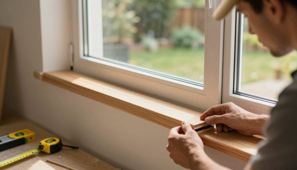 A close-up view of an indoor window installation showcasing the precise mounting of an interior windowsill. The foreground features a carpenter carefully aligning a pristine, polished wooden sill against the wall, with tools like a level and measuring tape nearby. In the middle ground, the window frame reflects natural light pouring in, emphasizing clean lines and craftsmanship. The background includes a view of an outdoor garden, subtly blurred to maintain focus on the window installation process. Soft, warm lighting creates an inviting atmosphere, while a slight depth of field adds dimension. The scene conveys professionalism and meticulous attention to detail, embodying the essence of effective window treatment.