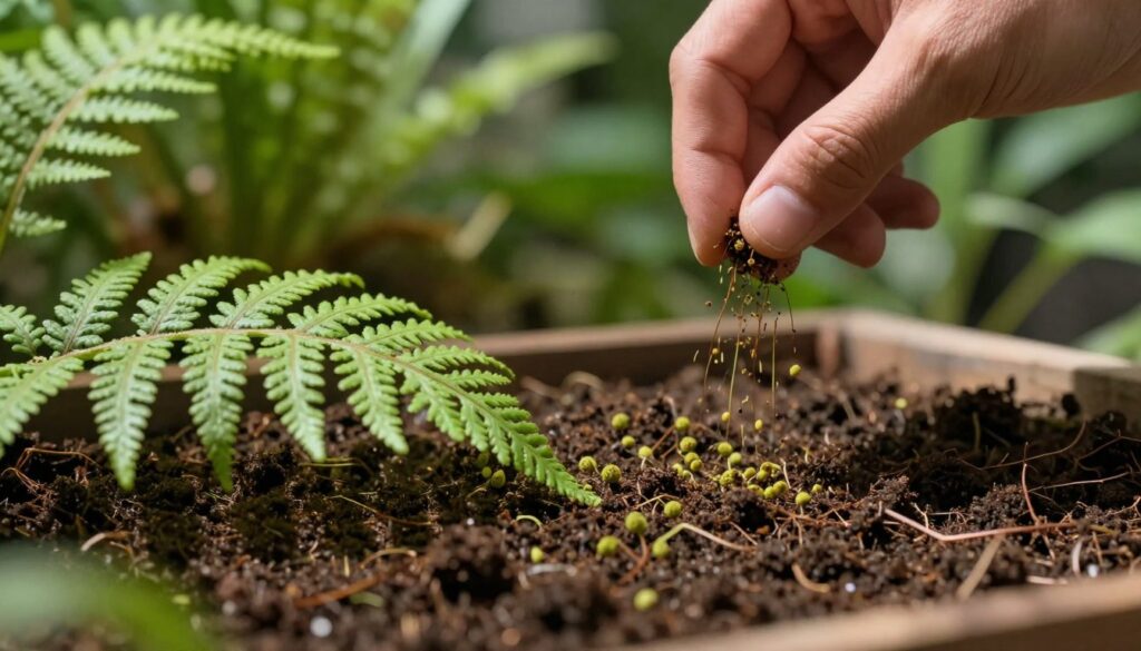 A close-up view of fern spores being carefully sown on damp soil. In the foreground, delicate, bright green fern fronds arch gracefully, with tiny, scattered spores visible across the soil's surface. The middle layer features a hand gently sprinkling more spores, showcasing the technique of advanced spore sowing, while in the background, blurred greenery creates a lush, natural atmosphere, hinting at a vibrant indoor garden. Soft, natural light filters through, casting gentle shadows that add depth to the scene. The lens captures rich textures and the intricate details of the soil and spores, creating a serene and inviting mood. The overall composition evokes a sense of care and expertise in plant propagation.