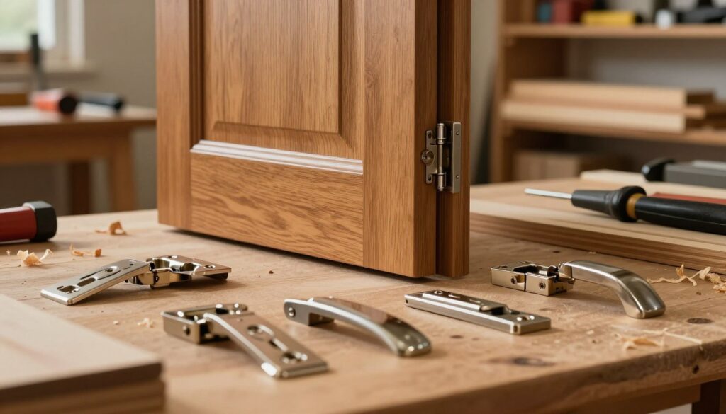 A close-up view of high-quality door fittings crafted by a skilled carpenter. The foreground features an array of beautifully finished hardware, including elegant hinges, door handles, and locks, arranged artistically on a wooden workbench. In the middle, showcase a partially opened solid wooden door, revealing a rich grain texture and a smooth finish. The background includes softly blurred workshop elements like tools, wood shavings, and shelves lined with wood planks, creating an authentic woodworking atmosphere. Warm, natural lighting illuminates the scene, enhancing the details and creating gentle shadows. The overall mood is professional and inviting, emphasizing the craftsmanship and importance of quality fittings in a project budget.