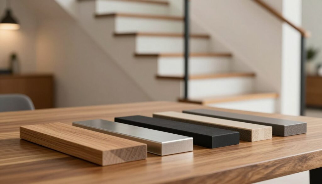 A close-up view of various edge finishing materials for stairs neatly organized on a polished wooden surface. The foreground features samples of wood, metal, and rubber stair edge treatments arranged aesthetically, showcasing their different textures and colors. In the middle ground, there is a soft-focus view of a sleek, modern staircase with these materials applied, illustrating their effect on a contemporary design. The background includes a blurred interior with warm lighting, emphasizing a cozy and inviting atmosphere. The overall mood conveys sophistication and innovation in home design, with attention to detail and style. Please ensure the scene is tidy and professional, avoiding clutter or distractions.