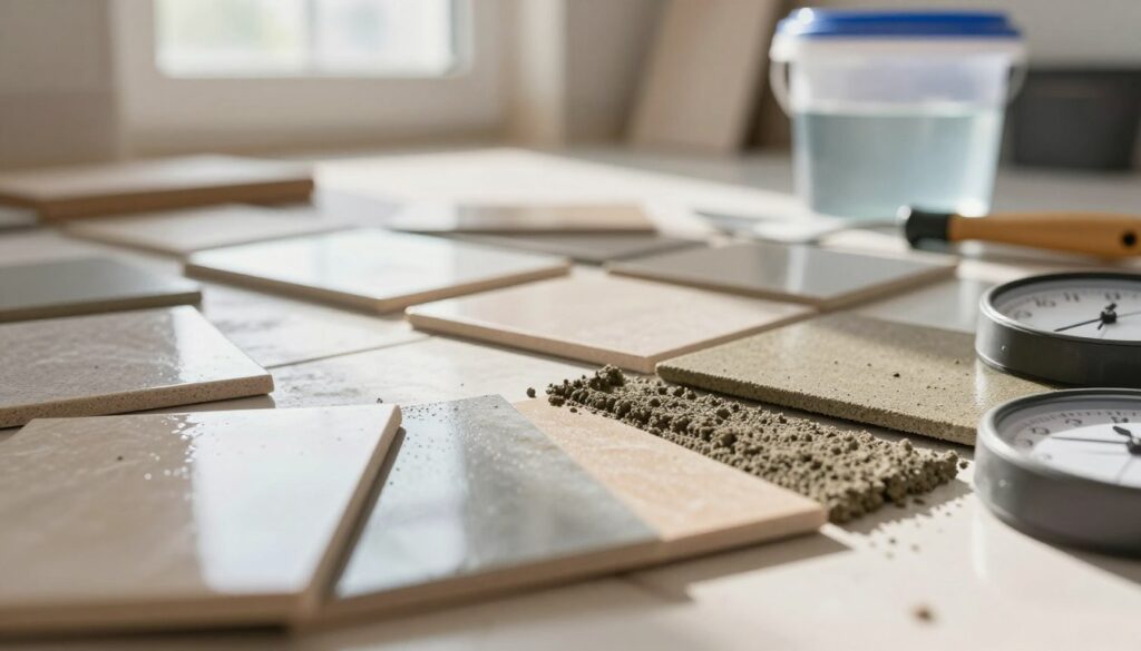 A close-up view of various grout types drying on a tiled surface, showcasing factors influencing drying time. In the foreground, several samples of grout in different colors and textures sit next to a clock, symbolizing the passage of time. In the middle ground, an array of tiles, both glossy and matte, reflects the light. The background features a softly blurred home improvement setting with tools like a trowel and a bucket of water to represent the application process. Natural light streams in from a window, creating a warm, inviting atmosphere. The image captures the intricate details of the grout's surface and the context of tile installation, with a focus on the drying process.