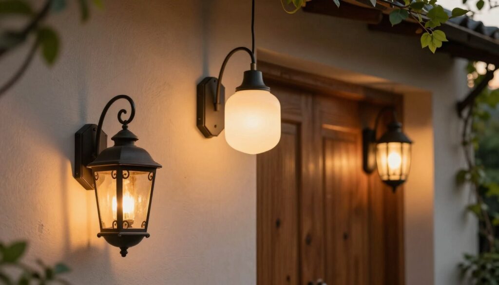 A collection of various styles of entryway lamps mounted above doors, showcasing both modern and traditional designs. In the foreground, a classic wrought iron lantern with warm amber light and intricate detailing. The middle ground features a sleek, contemporary pendant lamp with a frosted glass shade, casting soft, diffused lighting. In the background, a rustic wooden door framed by greenery, accentuating the natural setting. The scene is bathed in the golden glow of sunset, creating an inviting atmosphere. Use a warm color palette to enhance the cozy feel. Capture a shallow depth of field to focus on the lamps while softly blurring the background, ensuring a professional and polished look suitable for an article illustration. A collection of various styles of entryway lamps mounted above doors, showcasing both modern and traditional designs. In the foreground, a classic wrought iron lantern with warm amber light and intricate detailing. The middle ground features a sleek, contemporary pendant lamp with a frosted glass shade, casting soft, diffused lighting. In the background, a rustic wooden door framed by greenery, accentuating the natural setting. The scene is bathed in the golden glow of sunset, creating an inviting atmosphere. Use a warm color palette to enhance the cozy feel. Capture a shallow depth of field to focus on the lamps while softly blurring the background, ensuring a professional and polished look suitable for an article illustration.
