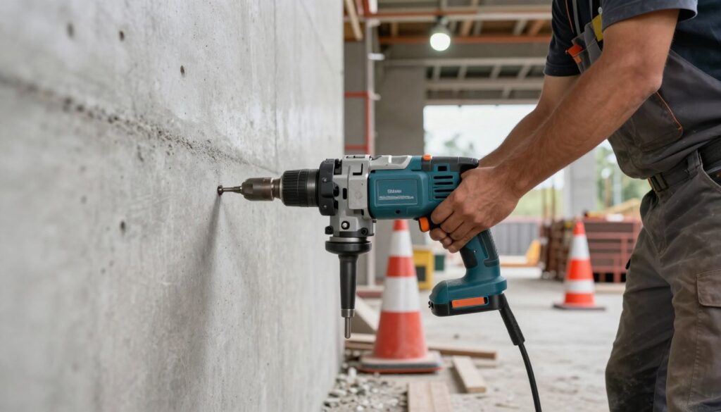A construction site environment featuring a robust concrete wall being expertly drilled into with a modern bruzdownica (grooving tool). In the foreground, focus on the bruzdownica, showcasing its intricate design and safety features, including protective guards and ergonomic grip. The middle ground should display an experienced worker in professional work attire, carefully maneuvering the tool, illustrating precision and safety in action. The background features a well-organized construction workspace with safety cones, signage, and proper lighting, creating an atmosphere of diligence and compliance. Soft ambient light casts gentle shadows, enhancing the overall focus on craftsmanship and safety during the grooving process. The composition should emphasize professionalism and the importance of structural safety in electrical installations.