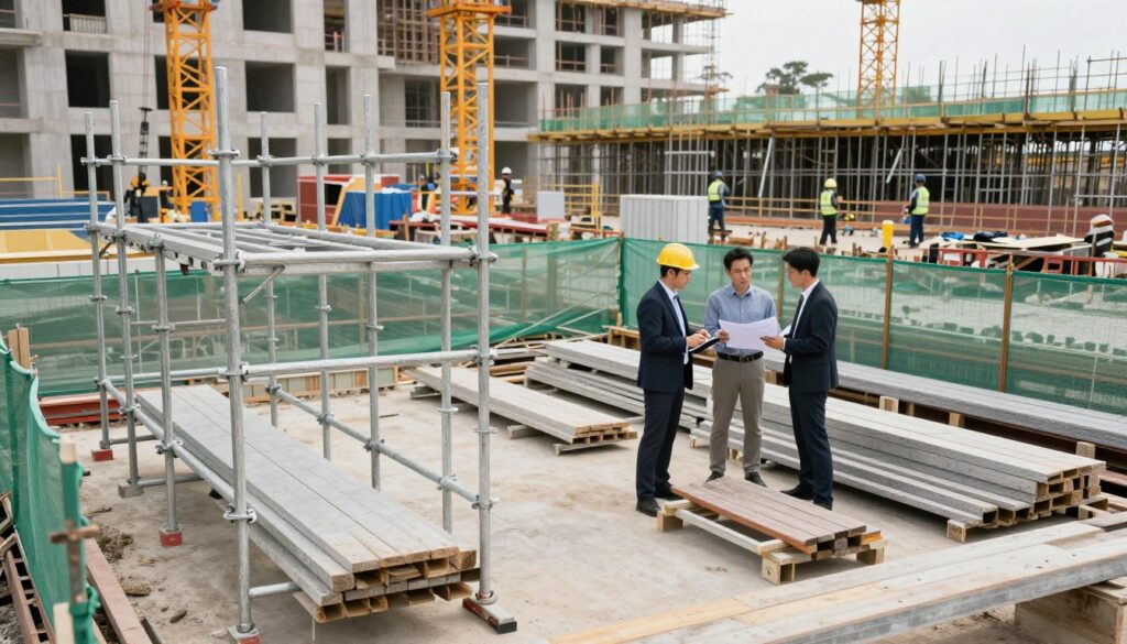 A construction site featuring a well-organized scaffold system in the foreground, illustrating different types of scaffolding equipment for rent, including frames, planks, and safety nets. In the middle ground, a few professionals in business attire are discussing scaffolding options, analyzing plans, and taking notes. The background showcases a partially constructed building, with cranes and workers in safe gear actively working, emphasizing the bustling atmosphere of a construction project. Soft, natural lighting illuminates the scene, creating a clear and professional vibe, with a slightly elevated camera angle that provides a comprehensive view of both the scaffolding and the site activity. The overall mood is focused and industrious, highlighting the practicality and importance of scaffolding rentals in construction work.