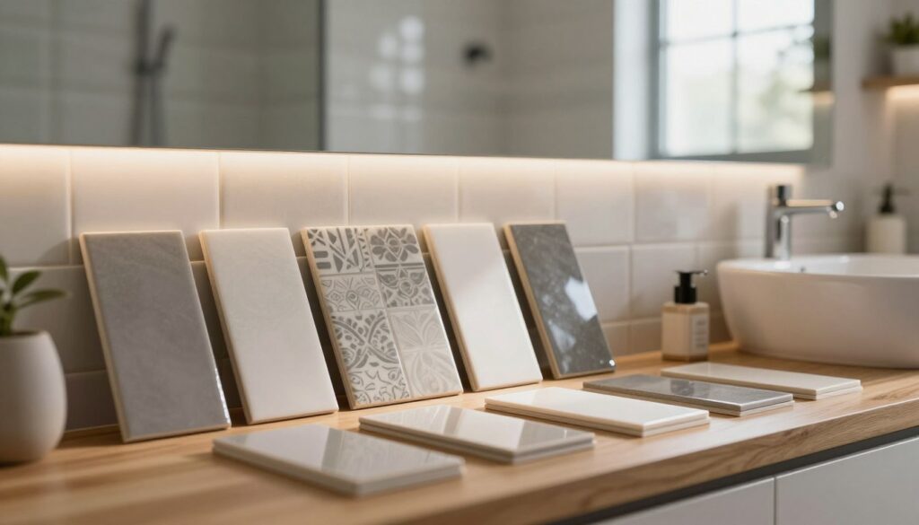 A cozy and stylish bathroom interior featuring a beautifully designed tile arrangement with various grout colors displayed alongside them. In the foreground, showcase a selection of grout samples in soft, natural hues—grays, whites, and subtle pastels—neatly arranged on a wooden countertop. The middle ground features a well-lit display of modern, glossy bathroom tiles with intricate patterns, emphasizing the relationship between tile color and grout selection. The background consists of a serene, softly blurred bathroom with natural light streaming in through a frosted window, casting gentle shadows. The overall mood is warm and inviting, reflecting a thoughtful and harmonious color scheme. Use soft and diffused lighting to enhance the textures and colors, creating a tranquil atmosphere that inspires design choices. Adjust the angle to capture depth and inviting warmth.