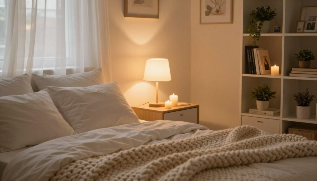 A cozy bedroom illuminated by soft, warm lighting that enhances the inviting atmosphere. In the foreground, a neatly made bed with plush pillows and a chunky knit blanket, creating comfort. The middle ground features a stylish bedside table with a modern lamp casting a gentle glow, surrounded by candles that add to the ambiance. Delicate curtains gently billow, allowing subtle hints of natural light to mix with the artificial, reflecting a serene mood. In the background, a bookshelf filled with personal touches like small plants and framed photos provides a warm, lived-in feel. The color palette should be soothing, composed of soft yellows and warm whites, creating a tranquil yet functional lighting setup. The angle is slightly raised, capturing the layout and interaction of light and space beautifully.
