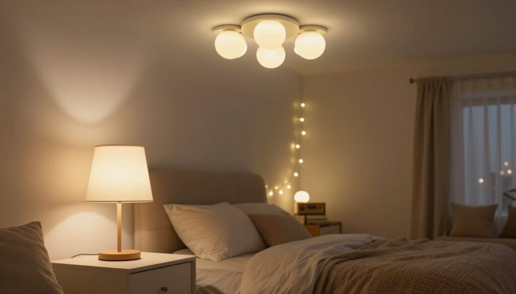 A cozy bedroom scene featuring a variety of LED light sources that create a warm and inviting atmosphere. In the foreground, showcase a bedside table with an elegant, dimmable LED lamp casting a soft glow. In the middle, include a stylish ceiling fixture with multiple LED bulbs, radiating gentle light. Add a few decorative LED string lights subtly draped along a cozy reading nook in the background, further enhancing the ambiance. The room should be designed with neutral colors and plush textures, conveying comfort and functionality. The overall mood should feel serene and tranquil, with gentle lighting that promotes relaxation. Use a soft focus to create a dreamlike quality, reminiscent of a peaceful evening in a well-lit bedroom.