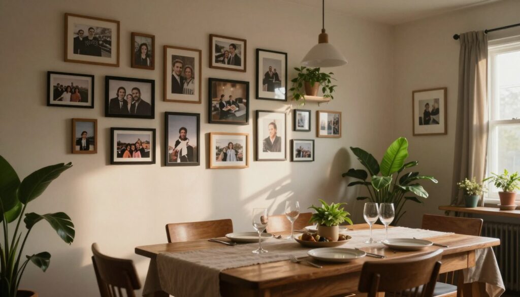 A cozy dining room featuring a beautifully arranged wall adorned with personal memories. In the foreground, a wooden dining table set with elegant tableware and a soft tablecloth. The middle ground showcases a gallery wall filled with framed photographs and art pieces that evoke nostalgia, decorated with lush green plants and ambient lighting. The background reveals a warm, inviting atmosphere, accented by soft, diffused natural light streaming through a nearby window, casting gentle shadows. The overall mood is intimate and welcoming, capturing the essence of personal stories shared over meals. The scene is framed from a slight angle to emphasize depth, inviting viewers to imagine themselves in the space.