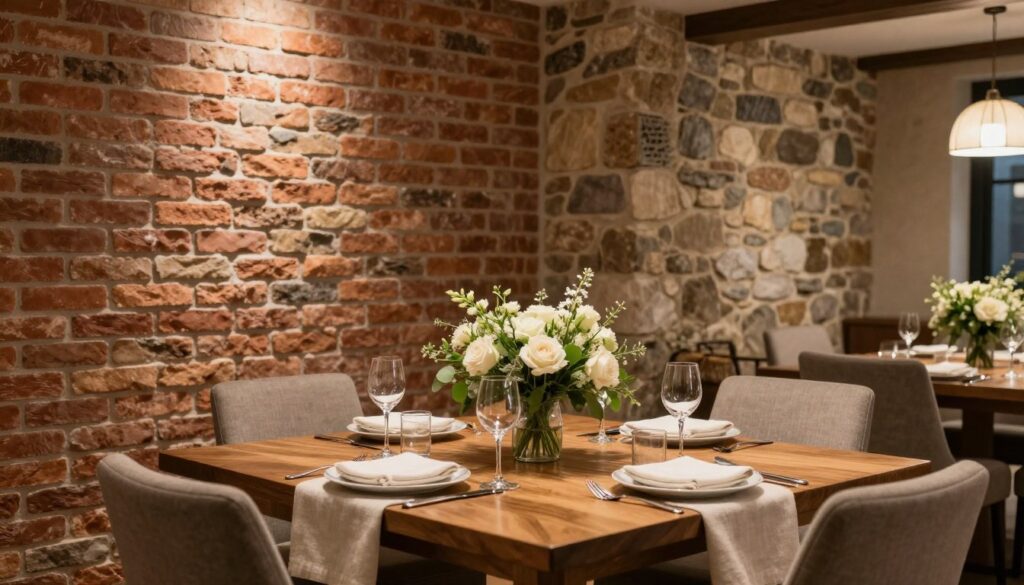 A cozy dining room showcasing classic brick and stone walls that serve as an elegant backdrop for a beautifully set dining table. In the foreground, an inviting wooden table is adorned with tasteful tableware, soft table linens, and a lush centerpiece of fresh flowers. The middle ground features textured brick and natural stone walls, adding warmth and sophistication to the scene. In the background, soft ambient lighting casts a gentle glow, highlighting the earthy tones of the materials. The camera angle is slightly tilted, emphasizing the inviting atmosphere of the space. The overall mood is warm and inviting, perfect for family gatherings and elegant dinners.