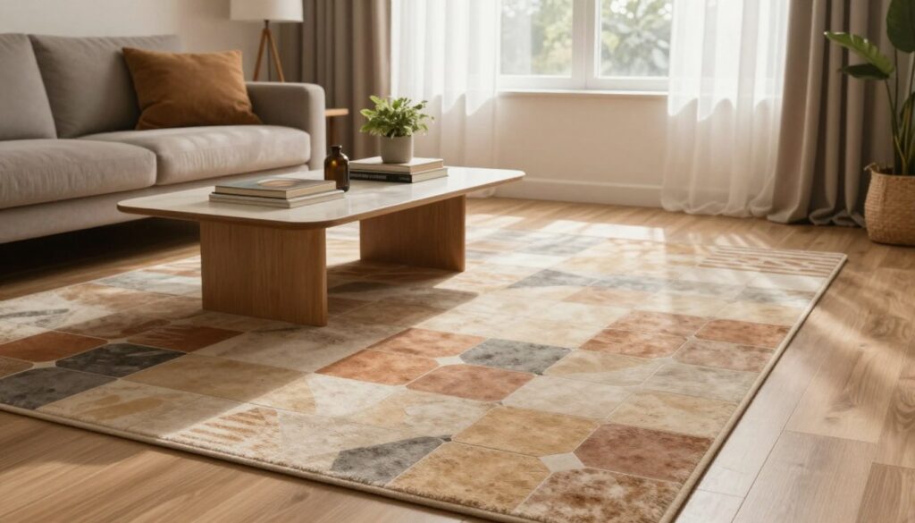 A cozy interior scene showcasing an inviting living room with old floor tiles partially obscured by elegant, stylish solutions. In the foreground, a soft area rug lies over the tiles, featuring a contemporary geometric pattern in warm hues. The middle ground includes a sleek coffee table adorned with a few decorative items like books and a small potted plant, all in a modern aesthetic. The background presents a gently lit window with flowing sheer curtains, allowing natural light to fill the room and casting soft shadows. The overall mood is warm and welcoming, emphasizing comfort and creativity in home decor, perfect for exploring options to cover old floor tiles stylishly and quietly. A cozy interior scene showcasing an inviting living room with old floor tiles partially obscured by elegant, stylish solutions. In the foreground, a soft area rug lies over the tiles, featuring a contemporary geometric pattern in warm hues. The middle ground includes a sleek coffee table adorned with a few decorative items like books and a small potted plant, all in a modern aesthetic. The background presents a gently lit window with flowing sheer curtains, allowing natural light to fill the room and casting soft shadows. The overall mood is warm and welcoming, emphasizing comfort and creativity in home decor, perfect for exploring options to cover old floor tiles stylishly and quietly.
