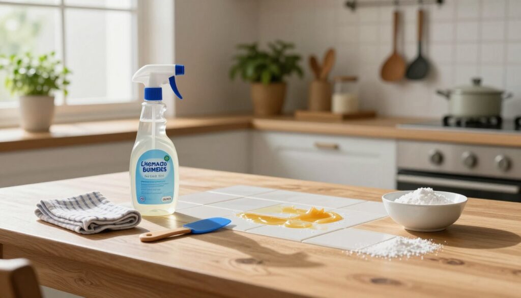A cozy kitchen setting illuminated by warm, natural light streaming through a window. In the foreground, a wooden table is adorned with various homemade silicone removal tools: a spray bottle with a homemade cleaning solution, a soft cloth, a small spatula, and a bowl with baking soda. In the middle, there’s a tile surface with remnants of silicone, demonstrating the effective removal process. The background features simple kitchen decor, like potted herbs and a few kitchen utensils hanging on the wall, creating a homey, inviting atmosphere. The overall mood is calm and resourceful, highlighting practical home solutions for removing silicone without scratching surfaces.