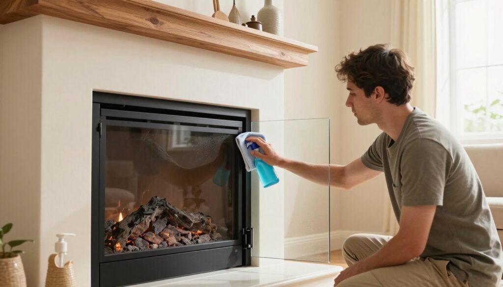 A cozy living room featuring a modern fireplace with large glass doors, partially open, showing soot-stained glass. In the foreground, a professional cleaner in modest casual clothing is carefully scrubbing the glass with a soft cloth and cleaning solution, showcasing their focus and expertise. The middle ground includes a polished wooden mantel with decorative items, and the walls adorned with light, warm-toned colors that complement the space. In the background, a bright window allows natural sunlight to stream in, creating a warm and inviting atmosphere. The lighting is soft and even, emphasizing the clean lines of the fireplace and the sparkling glass as it starts to shine. The overall mood is calm and industrious, capturing the essence of maintaining a clean and welcoming home.