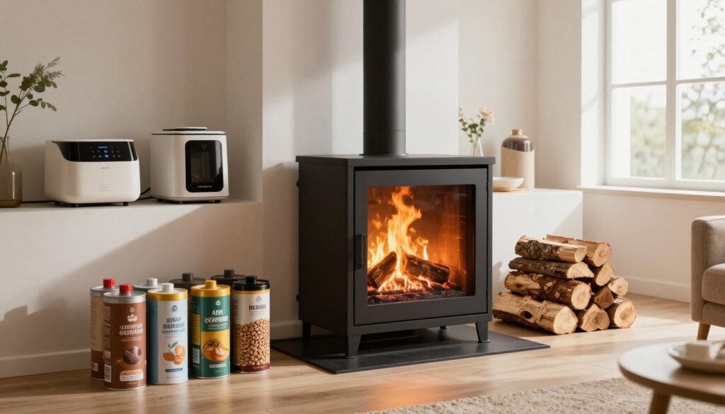 A cozy, modern living space featuring a free-standing fireplace as a focal point, surrounded by several safe alternative fuel sources such as pellets, wood logs, and biofuel canisters. In the foreground, a warm glow from the fire enhances a welcoming atmosphere, creating a sense of comfort and security. The middle layer includes neatly stacked fuel options displayed alongside energy-efficient appliances. The background showcases a bright window with natural light streaming in, illuminating the room. The overall mood is inviting and eco-friendly, reflecting sustainability. Soft shadows enhance the depth of the scene, and the angle captures the warmth radiating from the fireplace while highlighting the alternative fuels prominently.
