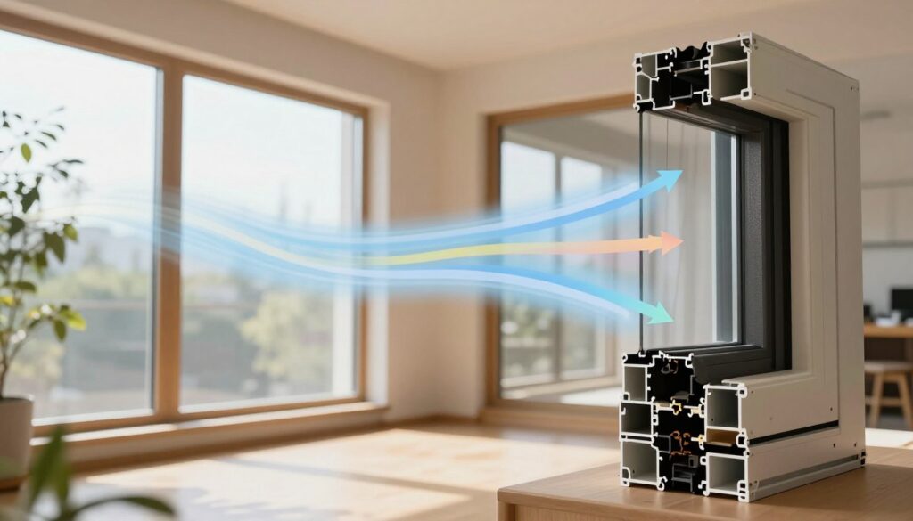 A cozy, well-lit room with large, modern windows showcasing various stages of air circulation effects. In the foreground, a cross-sectional view of a window frame, emphasizing the seals and insulation materials. In the middle, a visual representation of air movement illustrated by soft, colored arrows indicating both efficient and inefficient ventilation. The background features a subtle flow of fresh air entering through well-sealed windows, while some areas reflect trapped stagnant air in less sealed sections. Soft natural daylight floods the room, creating a warm, inviting atmosphere. Use a wide-angle lens to capture the details and create a sense of depth, enhancing the understanding of airflow dynamics within the setting.