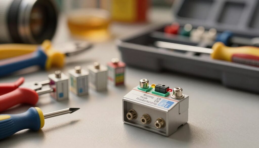 A detailed and informative image showcasing an electrical fuse specifically designed for device power ratings. In the foreground, display a close-up view of a modern electrical fuse, highlighting its intricate design, metallic casing, and labeling that indicates its power capacity. In the middle ground, include an array of different fuse types and a neatly organized toolset, such as wire strippers and screwdrivers, suggesting an installation process. The background should be a softly blurred workshop setting with warm ambient lighting, emphasizing safety and professionalism. Use a high-resolution lens to capture sharp details, instilling a sense of technical reliability and approachability in the atmosphere.