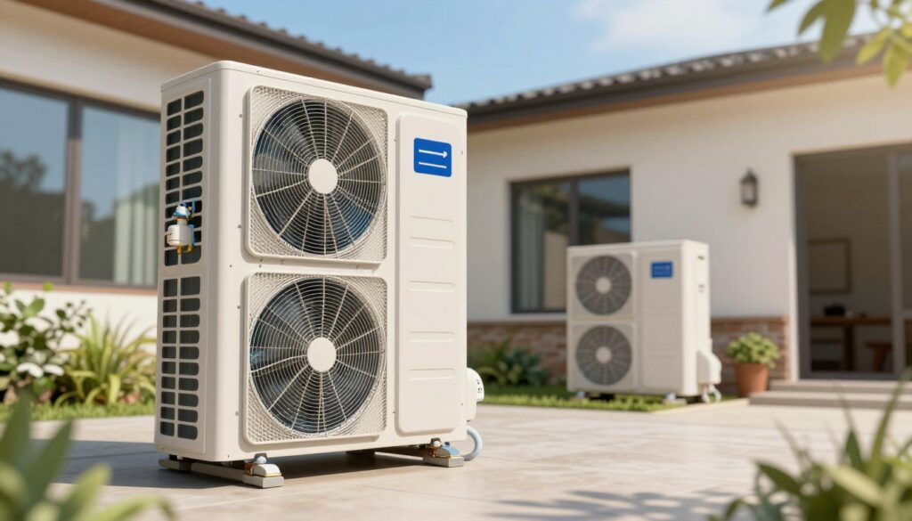 A detailed and technical illustration depicting key conditions for a cooling installation. In the foreground, showcase an efficient air-to-water heat pump system with clear, labeled components like valves, pipes, and a thermostat. In the middle ground, include a modern home with a cooling system integrated into the architecture, emphasizing airflow and cooling vents. In the background, depict a sunny backdrop with clear blue skies and lush greenery, symbolizing an ideal outdoor environment for such a system. The lighting should be bright and natural, suggesting a warm day. Use a slight low-angle perspective to emphasize the technology, showcasing a professional atmosphere focused on sustainable cooling solutions. No people in the scene.