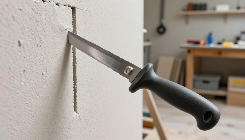 A detailed bruzdownica, a tool used for creating grooves in walls for cable installations, prominently displayed in the foreground. The tool features a sharp blade and ergonomic handle, with a metal finish reflecting the overhead lighting. In the middle ground, a textured wall displays freshly cut grooves indicating the tool in action. The background showcases a well-lit workshop environment filled with various tools and materials, emphasizing a professional atmosphere. Soft, diffused lighting highlights the bruzdownica and enhances the showcase of precise work. The image captures a sense of focus and craftsmanship, ideal for guiding the viewer in understanding tool selection for different wall types. No text or logos are present, ensuring clarity and professionalism.