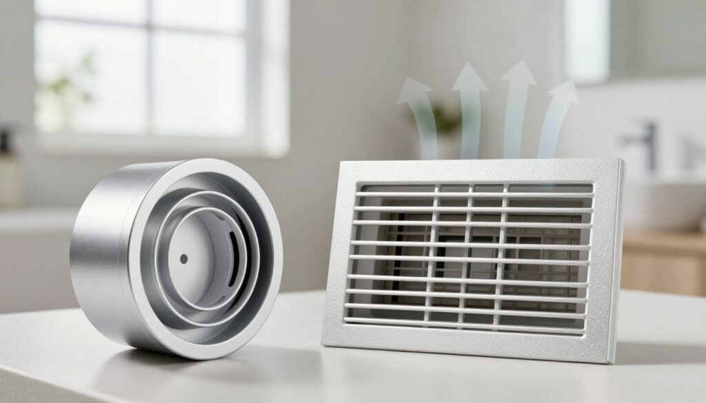 A detailed comparison image showcasing two ventilation solutions: a round ventilation sleeve and a rectangular grille. In the foreground, place the round ventilation sleeve with a smooth, metallic finish, highlighting its sleek design and functional openings. Next to it, illustrate the rectangular grille featuring a textured surface and a grid pattern, emphasizing its air circulation capabilities. In the middle ground, include subtle indicators of airflow, like arrows or lines, to represent movement. The background should be a softly blurred bathroom scene, with natural light filtering in through a frosted window, creating a calm and functional atmosphere. The composition should be clean and professional, focusing on the two ventilation types in a practical setting.