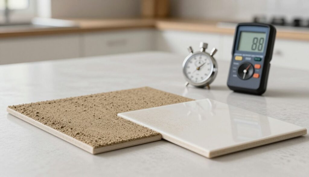 A detailed comparison of grout drying times, illustrated through an elegant and professional setting. The foreground features two tiles, one grouted with a fast-drying grout and the other with a standard grout, each showing distinct textures and colors. In the middle ground, measuring tools like a stopwatch and a moisture meter are positioned beside the tiles to emphasize the concept of timing. The background includes a subtle gradient or blurred kitchen environment, suggesting a practical space for tile application. Soft, natural lighting highlights the shiny surfaces of the tiles and grout, creating a calm and informative atmosphere. The image captures the essence of comparing grout drying times effectively, without any digital overlays or distractions.