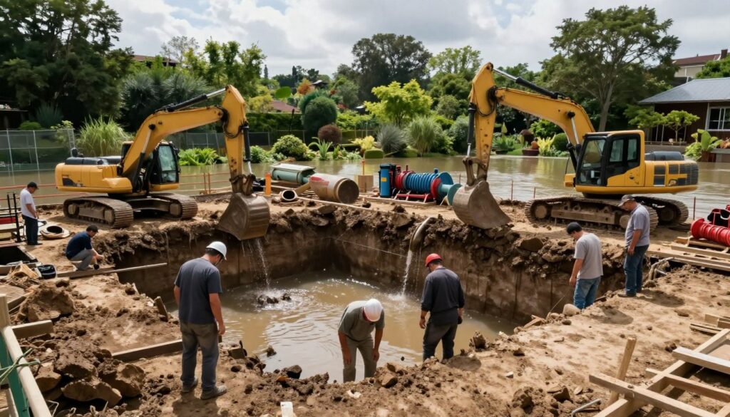 A detailed construction site showcasing building foundations in high groundwater conditions. In the foreground, a partially dug foundation surrounded by workers in professional attire, carefully assessing the site. The middle ground features heavy machinery like excavators and pumps, managing the water and soil. The background is adorned with a lush garden area flooding due to proximity to a water source, evoking a sense of challenge in planning. The scene is bathed in soft, natural sunlight filtering through clouds, creating a calm yet industrious atmosphere. Shot from a low angle to emphasize the foundation work and the surrounding greenery, capturing the essence of careful construction planning in difficult conditions. No text or watermarks.