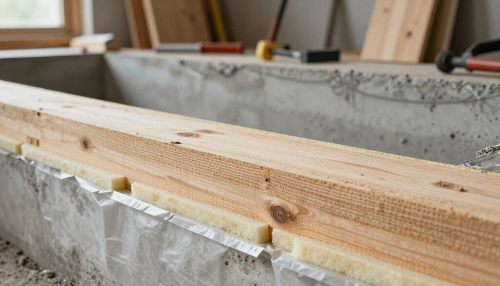 A detailed cross-section of wood being insulated from concrete, showcasing various materials used for moisture protection. In the foreground, highlight a piece of textured wood with protective barriers made of foam and membranes, clearly displaying their design and texture. In the middle ground, illustrate a section of concrete foundation with visible moisture seals. In the background, a softly lit workshop or construction site ambiance with tools and materials, suggesting a professional environment. Use natural, diffused lighting to create a clean, focused effect that emphasizes the materials' effectiveness in preventing dampness. Capture the essence of innovation and practicality in construction, while maintaining a calm, informative atmosphere.