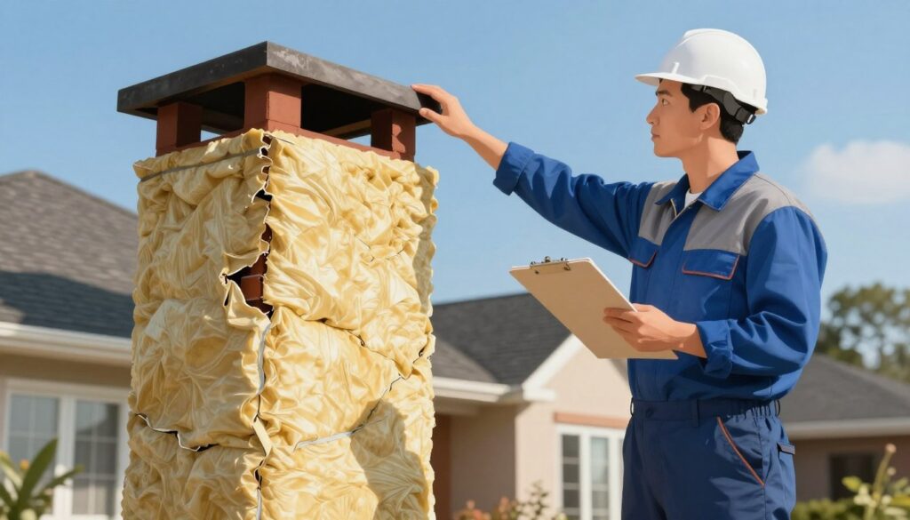 A detailed illustration depicting common mistakes made during chimney insulation. In the foreground, show a partially insulated chimney with visible errors such as gaps in insulation material and improper sealing. In the middle ground, an expert contractor in professional attire examines the chimney, pointing out faults with a clipboard in hand. The background features a residential home with a clear blue sky, emphasizing a sunny atmosphere, reflecting a typical outdoor setting. Use natural lighting to highlight the textures of the insulation material and the chimney's structure. Opt for a slightly elevated angle to provide a comprehensive view of the insulation process. The image should emanate a sense of professionalism and education, suitable for an instructional context. A detailed illustration depicting common mistakes made during chimney insulation. In the foreground, show a partially insulated chimney with visible errors such as gaps in insulation material and improper sealing. In the middle ground, an expert contractor in professional attire examines the chimney, pointing out faults with a clipboard in hand. The background features a residential home with a clear blue sky, emphasizing a sunny atmosphere, reflecting a typical outdoor setting. Use natural lighting to highlight the textures of the insulation material and the chimney's structure. Opt for a slightly elevated angle to provide a comprehensive view of the insulation process. The image should emanate a sense of professionalism and education, suitable for an instructional context.