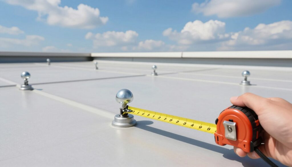 A detailed illustration focusing on the concept of "the distance between lightning rod mounts" in a rooftop installation setting. In the foreground, show a close-up of a hand measuring the distance between two metal lightning rod mounts utilizing a measuring tape, emphasizing precision and safety. The middle ground features a smooth rooftop surface with clearly visible, spaced lightning rod attachments, highlighting their strategic placement for optimal protection. In the background, portray a vibrant blue sky with fluffy clouds under soft sunlight, creating an atmosphere of stability and safety. Use natural lighting to enhance realism, and a slightly elevated angle to capture the entire setup, ensuring no text or watermarks are present.