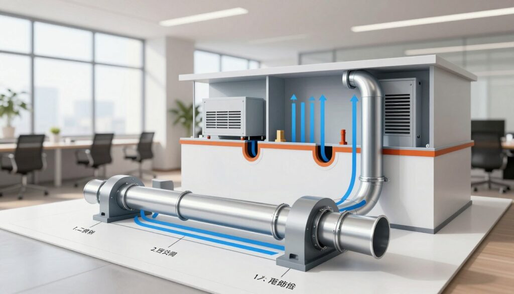 A detailed illustration of a gravity ventilation system, highlighting key technical requirements. In the foreground, showcase a schematic diagram of a ventilation system with labeled ducts and airflow pathways in a clean, modern style. The middle ground should feature a cross-section of a building, displaying various ventilation setups, including vents and airflow indicators. The background can depict a bright, professional office environment with natural light streaming through windows, emphasizing the importance of effective ventilation. Use a wide-angle lens perspective to capture the entire setup, ensuring clarity and focus on details. The atmosphere should be technical yet approachable, embodying efficiency and functionality.
