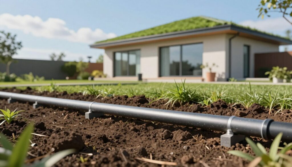 A detailed illustration of a passive ground cooling system in a modern home setting. In the foreground, showcase a section of an underground cooling pipe, elegantly curved and partially enveloped by dark earth, with visible green vegetation above. In the middle ground, depict a contemporary house with large windows and a green roof, indicating an eco-friendly design. The background features a clear blue sky with a few fluffy clouds, symbolizing a pleasant atmosphere. Utilize natural lighting to emphasize the harmony between the building and its surroundings. The focus should be on the integration of nature and technology, conveying the efficiency and sustainability of passive cooling systems. Aim for a serene and innovative mood, highlighting the differences between active and passive cooling solutions.