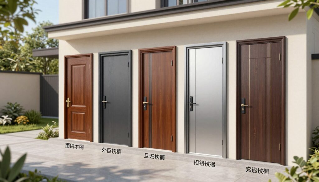A detailed illustration of a selection of exterior doors with varying thicknesses, arranged in a well-lit, modern architectural setting. In the foreground, focus on three doors, each showcasing different materials such as solid wood, steel, and fiberglass, with clear labels indicating their thickness. The middle ground features a contemporary residential building, emphasizing the relationship between door thickness and overall design. In the background, a beautiful garden adds greenery, while soft natural light enhances the scene, casting gentle shadows. The angle should be slightly elevated to provide a comprehensive view, capturing both the doors and the building. The mood is professional and informative, visually guiding the viewer to understand how outside door thickness contributes to insulation and safety. A detailed illustration of a selection of exterior doors with varying thicknesses, arranged in a well-lit, modern architectural setting. In the foreground, focus on three doors, each showcasing different materials such as solid wood, steel, and fiberglass, with clear labels indicating their thickness. The middle ground features a contemporary residential building, emphasizing the relationship between door thickness and overall design. In the background, a beautiful garden adds greenery, while soft natural light enhances the scene, casting gentle shadows. The angle should be slightly elevated to provide a comprehensive view, capturing both the doors and the building. The mood is professional and informative, visually guiding the viewer to understand how outside door thickness contributes to insulation and safety.