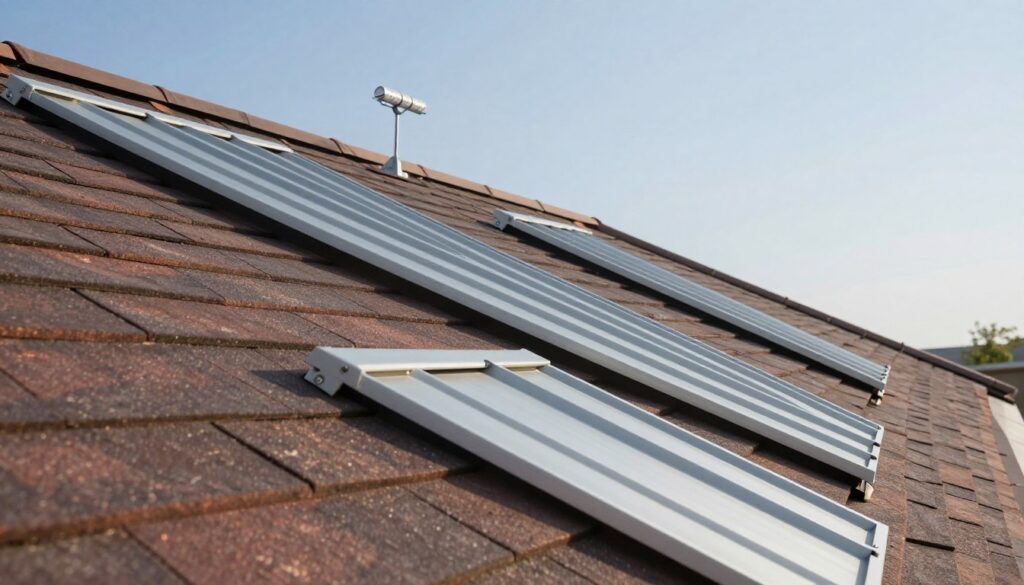 A detailed illustration of a sloped roof with different types of roofing materials, such as tiles, shingles, and metal panels, prominently shown in the foreground, highlighting their textures and colors. The middle ground features various mounting elements, including brackets and lightning rods, appropriately arranged on each roofing type, showcasing their compatibility. In the background, a clear blue sky adds a serene atmosphere, with soft, natural lighting illuminating the scene to emphasize the materials' details. Capture the image from a slightly elevated angle, providing a comprehensive view of the roof structure and installation components. The overall mood is professional and informative, ideal for illustrating the technical considerations in roofing installations.