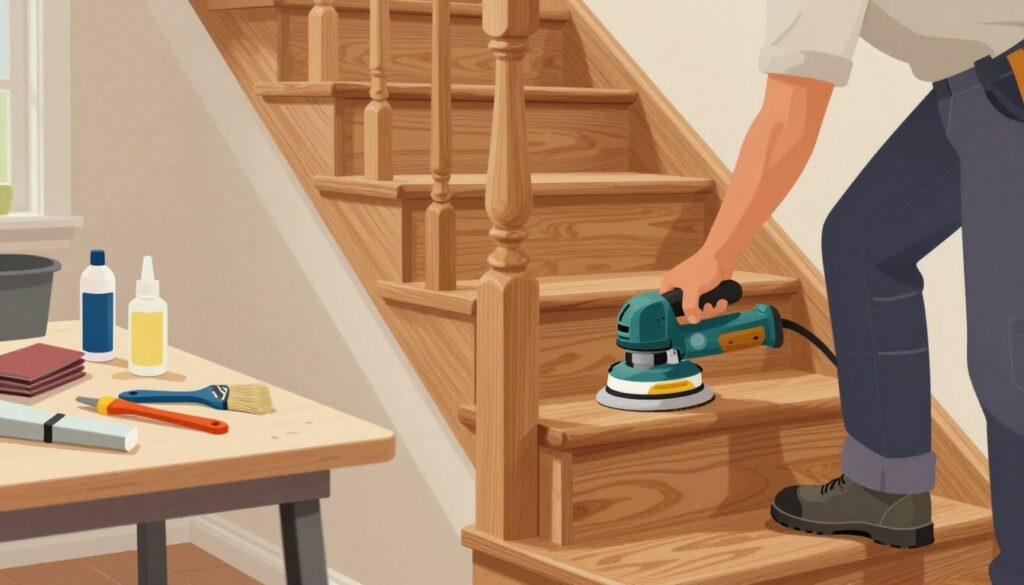 A detailed illustration of the stages of staircase renovation in a home. In the foreground, a professional worker in smart casual attire is seen applying a sanding machine to a wooden stair tread, showcasing the smooth, polished wood. The middle layer features various tools and materials like sandpaper, varnish, and brushes neatly arranged on a workbench, emphasizing preparation and craftsmanship. In the background, a partially renovated staircase is visible, highlighting the before-and-after contrast of the wood grain, with warm, inviting lighting illuminating the scene, creating a cozy and industrious atmosphere. The angle should be slightly tilted to draw attention to the process, while maintaining a clean and professional aesthetic. A detailed illustration of the stages of staircase renovation in a home. In the foreground, a professional worker in smart casual attire is seen applying a sanding machine to a wooden stair tread, showcasing the smooth, polished wood. The middle layer features various tools and materials like sandpaper, varnish, and brushes neatly arranged on a workbench, emphasizing preparation and craftsmanship. In the background, a partially renovated staircase is visible, highlighting the before-and-after contrast of the wood grain, with warm, inviting lighting illuminating the scene, creating a cozy and industrious atmosphere. The angle should be slightly tilted to draw attention to the process, while maintaining a clean and professional aesthetic.