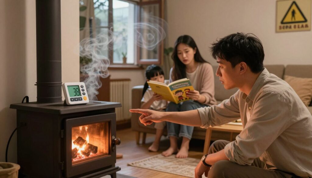 A detailed illustration representing health and safety hazards for household members related to using coal in a stove. In the foreground, show a worried family gathered in a dimly lit living room, analyzing a coal stove emitting faint smoke. The father, dressed in a casual shirt, points at a digital air quality monitor displaying alarming levels. In the middle ground, include a partially open window with swirling air currents, suggesting ventilation issues, and a concerned mother in modest clothing checking a children's book about home safety. The background features warm, cozy home elements like furniture and decorations, contrasted by a visible warning sign about coal safety. Use soft, warm lighting to create a tense yet informative atmosphere, capturing the seriousness of the subject while maintaining an approachable tone.