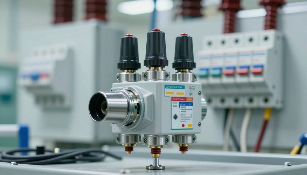 A detailed image of a three-pole isolation switch, positioned prominently in the foreground. The switch features a robust, metallic design with clear labeling and color coding for safety. In the middle ground, slightly blurred, is a backdrop of an electrical installation environment, showcasing wires and circuit breakers for context. The background should depict a clean, well-lit technical workspace, with subtle reflections from overhead lights highlighting the metallic surfaces. The mood is professional and industrious, emphasizing safety and reliability in electrical systems. Use a sharp focus on the switch with a shallow depth of field to draw attention to it, while maintaining a bright and clear atmosphere with natural light filtering through.