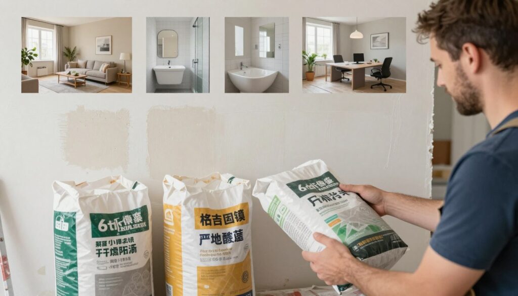A detailed image showcasing the selection criteria for gypsum plaster in various indoor conditions. In the foreground, display a professional builder examining different types of gypsum plaster bags, each labeled with characteristics such as moisture resistance, smooth finish, and drying time. The middle ground features a well-lit construction site with freshly applied gypsum plaster on the walls, showing varying textures and finishes to highlight quality differences. In the background, illustrate a range of room settings, including a cozy living room, a bathroom, and a tastefully decorated office, each demonstrating the importance of choosing the right product for specific environments. Use natural lighting to create a warm, inviting atmosphere, captured from a slightly elevated angle to encompass all elements harmoniously.