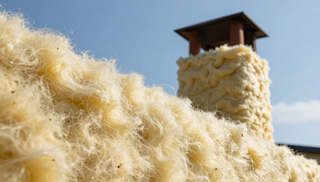 A detailed scene depicting mineral wool insulation around an exterior chimney. In the foreground, close-up shots of soft, fluffy mineral wool fibers, showing their texture and insulation capability. The middle ground features a well-constructed chimney partially wrapped in the mineral wool, illustrating its application for thermal insulation. The background presents a clear blue sky, enhancing the outdoor setting. The lighting is bright and natural, casting soft shadows that highlight the insulation material's layers. The overall mood conveys warmth and safety, emphasizing the effectiveness of mineral wool in preventing heat loss. The angle should be slightly elevated to capture the chimney and insulation in a professional and informative manner, without any text or distractions. A detailed scene depicting mineral wool insulation around an exterior chimney. In the foreground, close-up shots of soft, fluffy mineral wool fibers, showing their texture and insulation capability. The middle ground features a well-constructed chimney partially wrapped in the mineral wool, illustrating its application for thermal insulation. The background presents a clear blue sky, enhancing the outdoor setting. The lighting is bright and natural, casting soft shadows that highlight the insulation material's layers. The overall mood conveys warmth and safety, emphasizing the effectiveness of mineral wool in preventing heat loss. The angle should be slightly elevated to capture the chimney and insulation in a professional and informative manner, without any text or distractions.